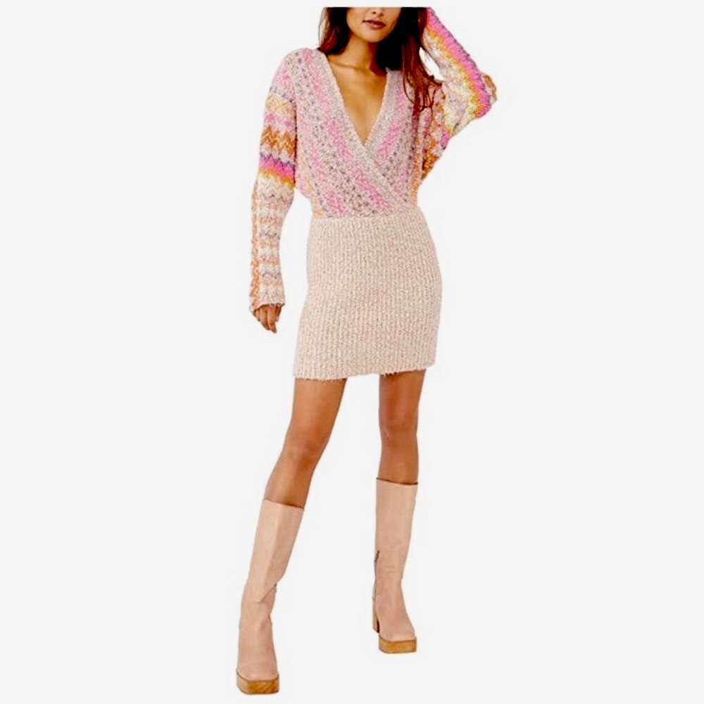 NWT Free People Forever Fair Isle Strawberry Knit Wrap Sweater Dress Small